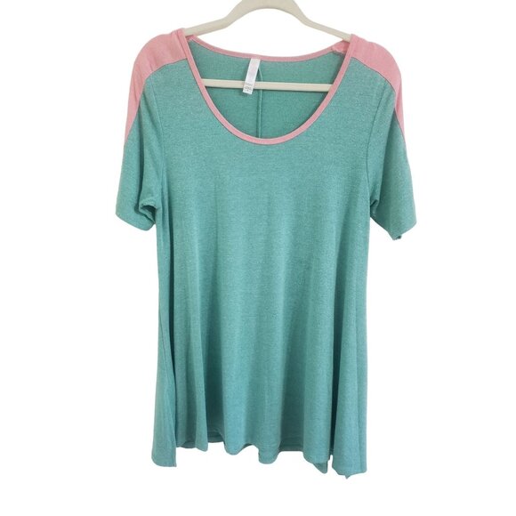 LuLaRoe Tops - LulaRoe Irma Tunic Top S Green Pink Trim Drop Shoulder High Low Shirt Women's